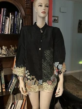 CITRON Santa Monica L Black Embroidered Asian Button Tunic Blouse Silk