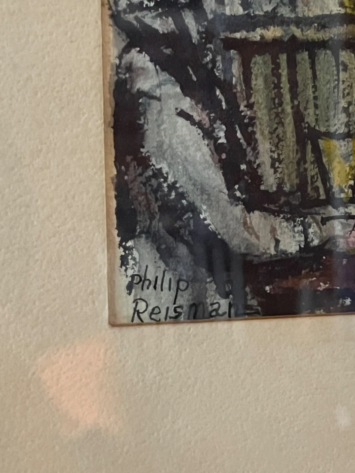 Philip Reisman pequena pintura antiga em aquarela em papel etiqueta galeria emoldurada - Imagem 4 de 4