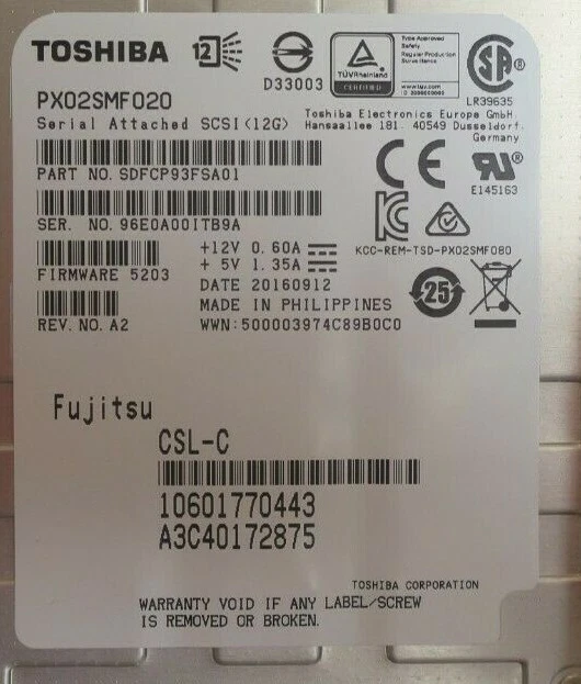 Fujitsu 200GB 2.5" SAS 12Gb/s Hot-Plug SSD Solid State Drive S26361-F5298-L200 - Image 3 of 4