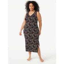 JOYSPUN SLEEVELESS V-NECK MIDI CHEMISE NIGHTGOWN BLACK MULTI PATCH 2X 18W-20W