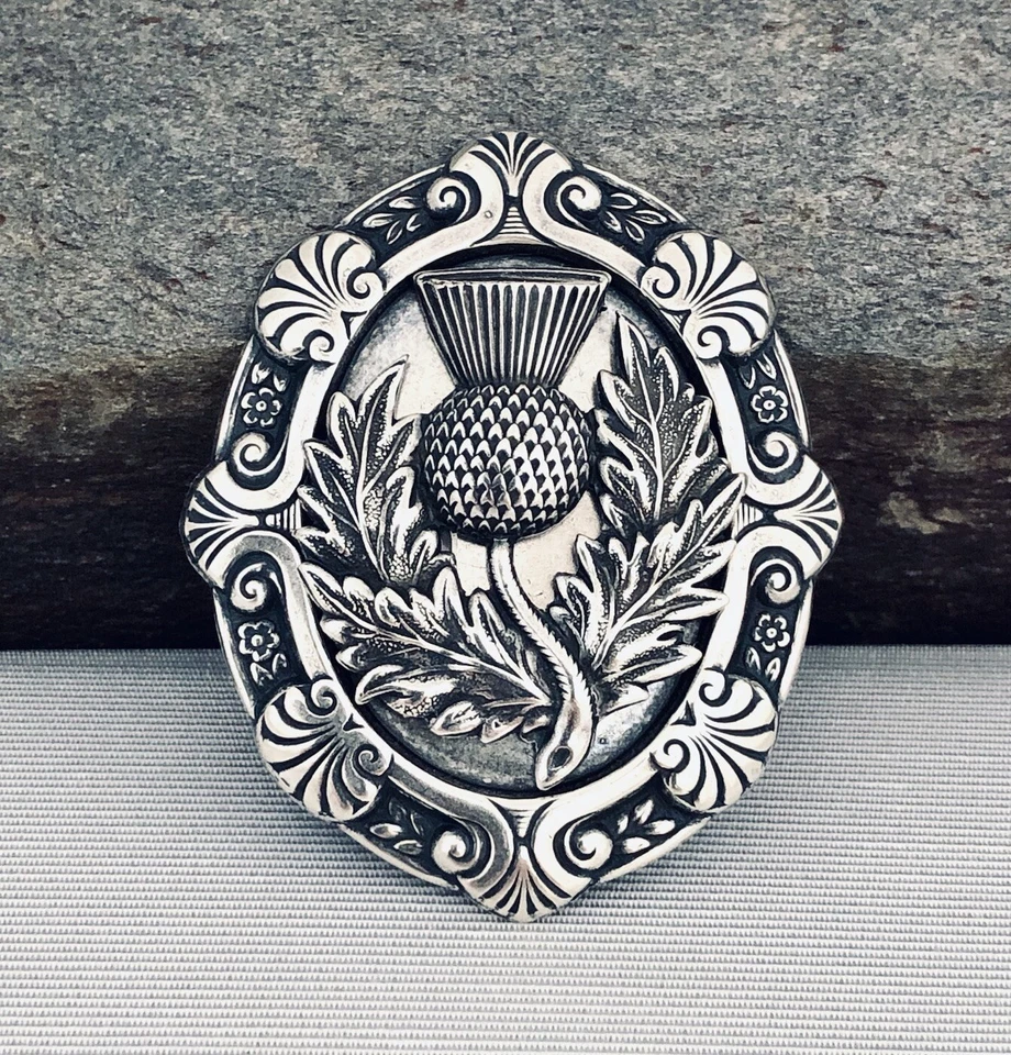 Large Thistle Brooch Pin Sterling Silver Plate Scottish Celtic Scarf Kilt Pin