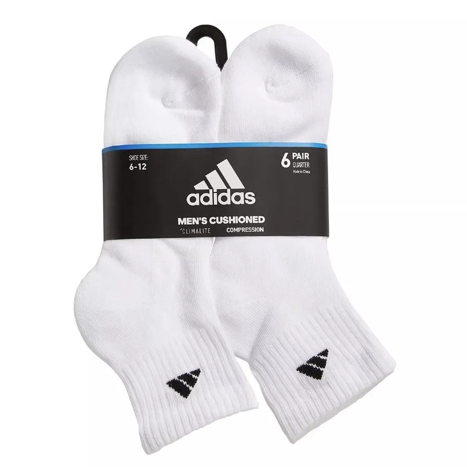 Adidas 6 Pairs Men’s Shoe Size 8 - 12 Cushioned Quarter Socks White LARGE #640