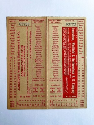 JAMESTOWN WESTFIELD & NORTHWESTERN RAILROAD TICKET PASS NEW YORK CHAUTAUQUA ERIE