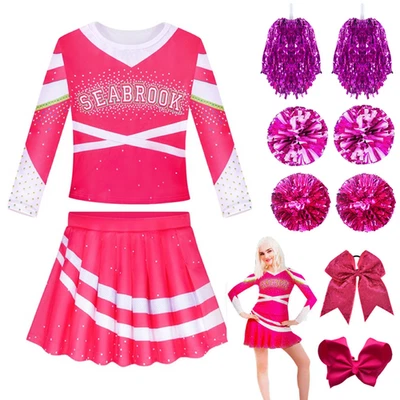 Kids Girls Zombies 4 Costume Cheerleader Fancy Dress Vest+Skirt Pom Pom Outfits