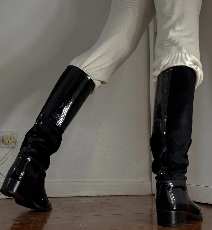 Chanel Botas Hasta la Rodilla G28390 Talla 41 Negro Pelo de Poni Charol 40 9 Italia Foto 2 de 4