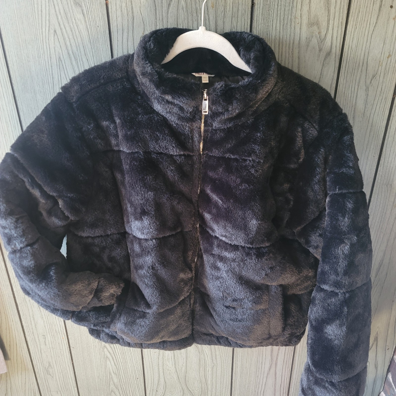 Stella Tweed Faux Fur Zipper Jacket Size - Large - Black