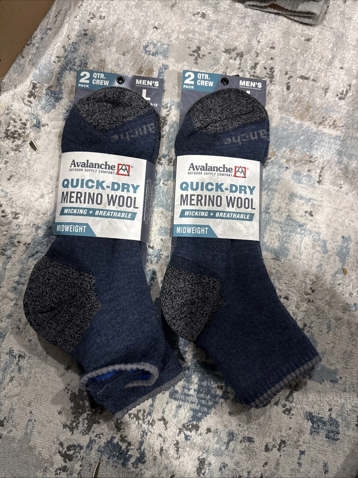 Avalanche Merino Wool Quick Dry Men’s Quarter Crew Socks L 6-12 Lot of 4 Pairs