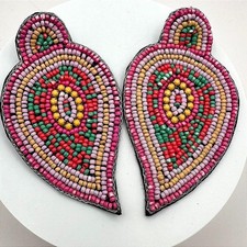 Vintage Y2K Polycrome Seed Beaded Teardrop Earrings Statement Women's Jewelry