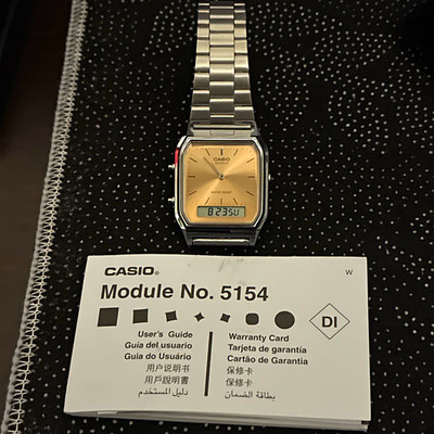 Casio AQ-230 Analog/Digital Quartz Gold Dial Silver SS Bracelet w/ Box Papers