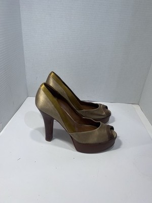 West Nine West  Women s Metallic Gold and Brown Peep-Toe Platform  Size 8.5