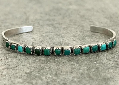 Vintage Native American ZUNI Square Green Turquoise Silver bracelet 6.6 in - Image 1 of 4