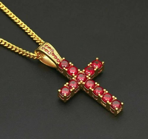 4Ct Round Cut Red Ruby Christ Cross Pendant 14K Yellow Gold Over Free Chain