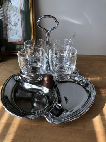 Vintage Chrome And Wood. Rotating Divided Serving Tray With Condiment Glasses. - Picture 2 of 6