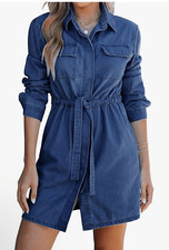 New Denim Long Sleeve Button Down Pockets Mini Dress L