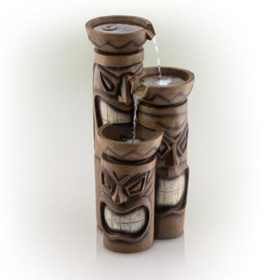 Alpine Corporation Water Fountain LED Light Tiki Head Outdoor 29 in. Tall 3-Tier