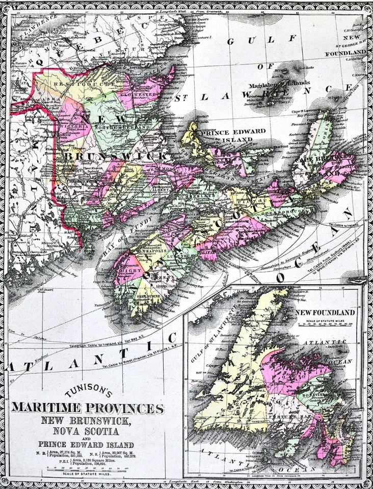 Mapa Tunison Canadá Nueva Escocia 1886 Nuevo Brunswick Terranova Halifax Fundy   Foto 2 de 2