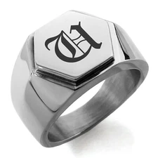 Stainless Steel Old English Monogram Letter U Mens Hexagon Crest Signet Ring