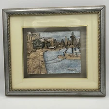 3D Framed Art Mediterranean Scene Boat Harbor Metallic 15.5 X 13.5 Inch