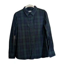 LL Bean Women's Scotch Plaid Flannel Shirt Sz M Green Navy Granola Hiking Gorp