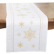 Metallic Gold Embroidered Snowflake Christmas Table Runner 16" W x 72" L - Wh...