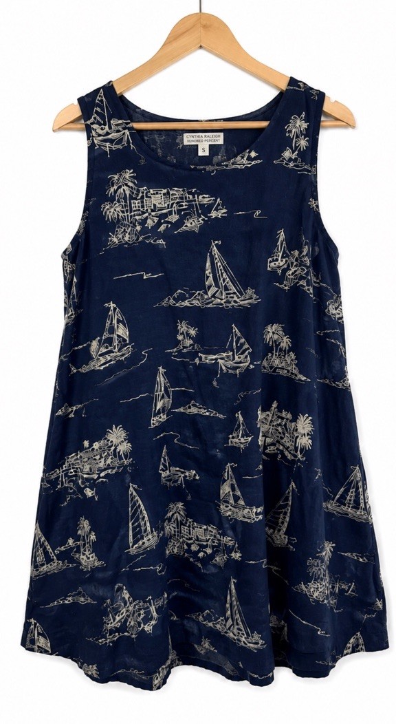 Cynthia Rowley Linen Dress Small Blue Nautical Sailboat Sleeveless Shift