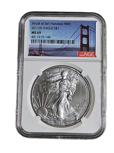2011 (S) $1 AMERICAN SILVER EAGLE NGC MS69 STRUCK AT SAN FRANCISCO BRIDGE LABEL