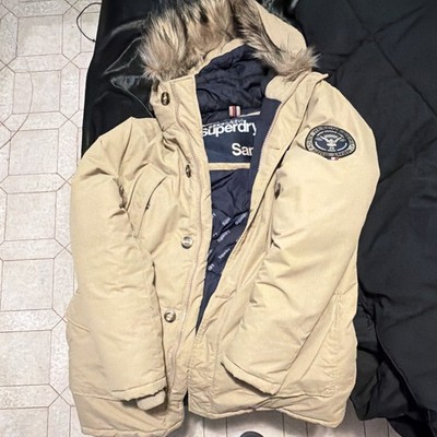 Superdry Everest Parka Jacket Men s XL | Tan Faux Fur Hood Rescue Edition