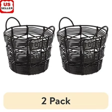 9" Handwoven Plastic Round Black Abstract Basket W/ Handles Storage Organization