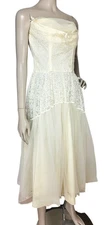 VTG 50s Lorrie Deb Ivory Chiffon Lace Strapless Wedding Ethereal Fairycore Dress