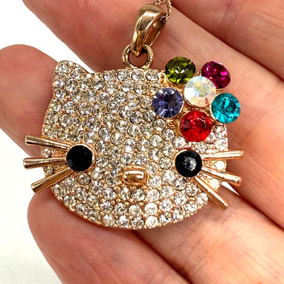 Hello Kitty Necklace Austrian Crystal 18K Rose Gold Plated Signed Rigant