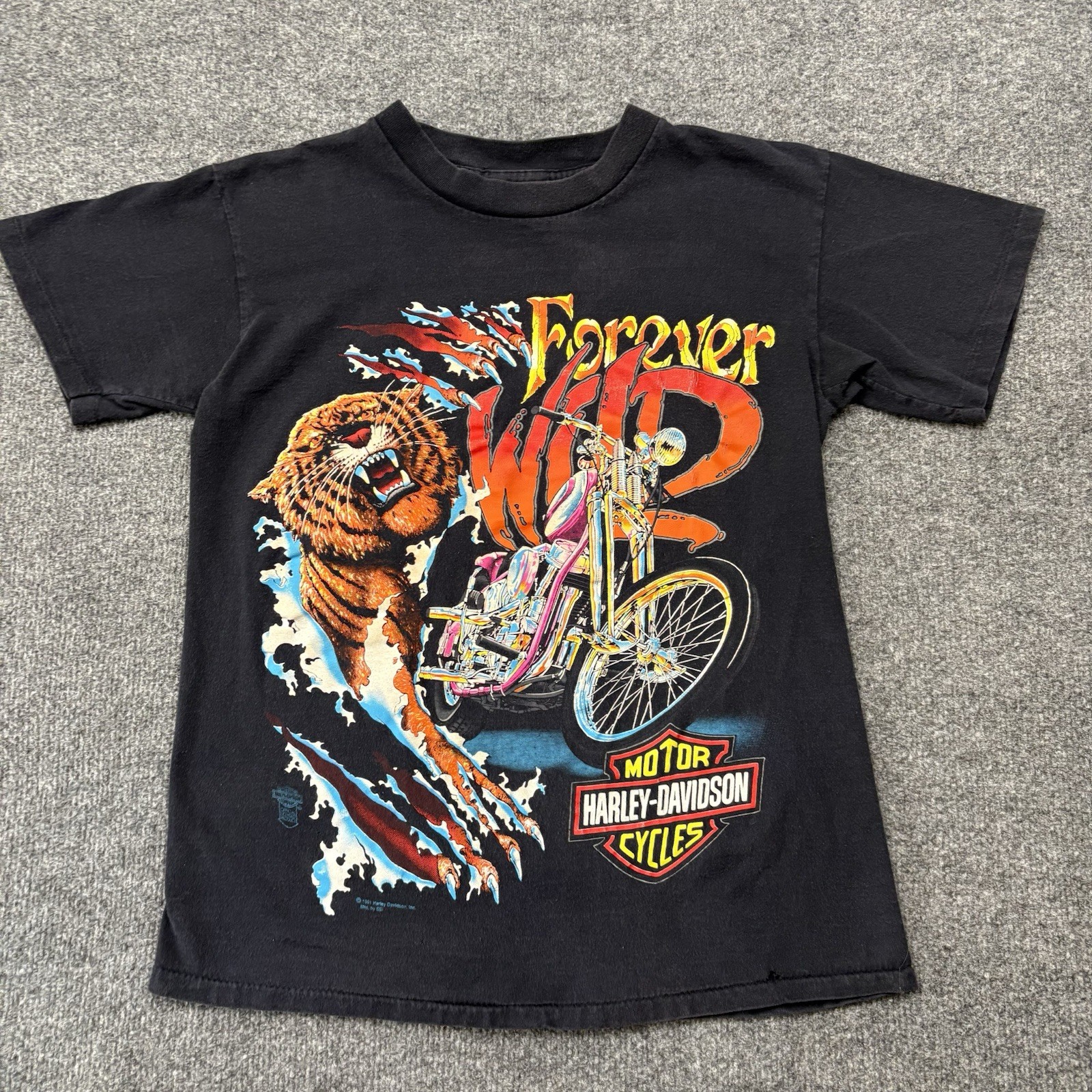 Vintage Harley Davidson Shirt Mens Medium Black Single Stitch Tiger Wild 90s USA