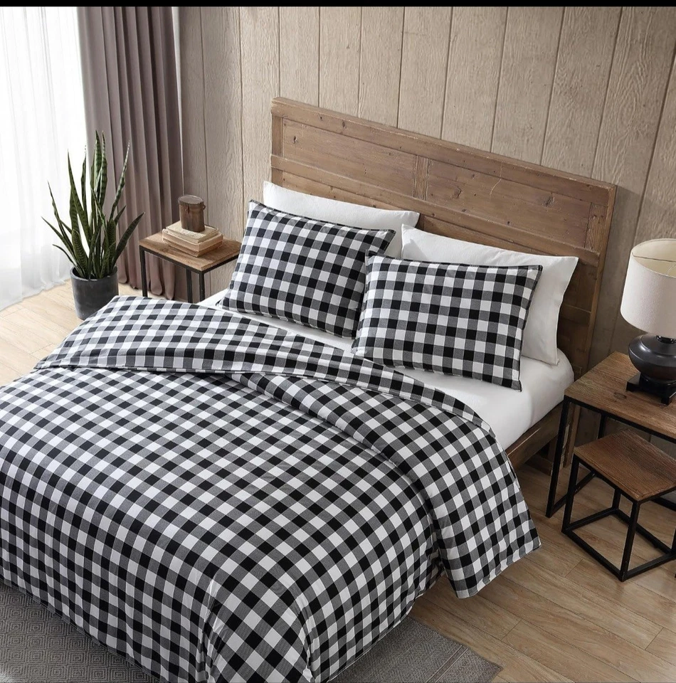 Eddie Bauer - Juego de edredón reversible completo/queen, cuadros negros a cuadros Buffalo Foto 3 de 4