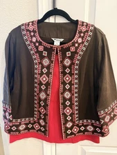 Nygard 2 Piece Brown Embroidered Jacket Blazer With Pink Sweater Tank. Size (L)