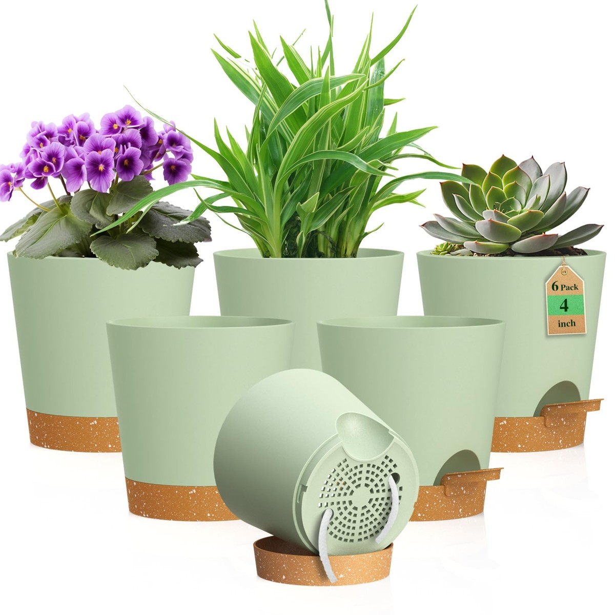 WSMKSZ 4 inch Self Watering Pots for Indoor Outdoor 4inch 6pcs, Green Brown  | eBay