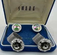 Vintage SWANK Cufflinks 2 Pr Aurora Borealis And Smokey Grey Crystal Unsigned