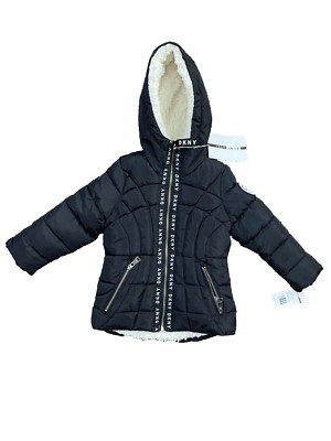 NEW DKNY Black 4 T Puffer Fur Lined Jacket Hooded Coat $90