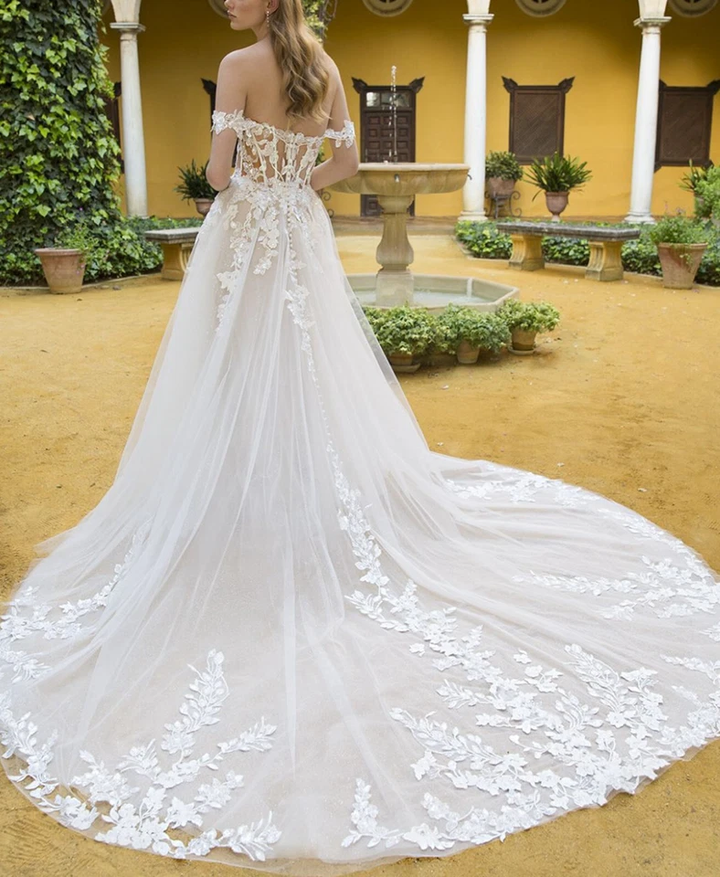 Luftiges Illusion Spitze Hochzeitskleid 32-60 Maßgeschneidert Glitzer Puffärmel - Bild 3 von 4