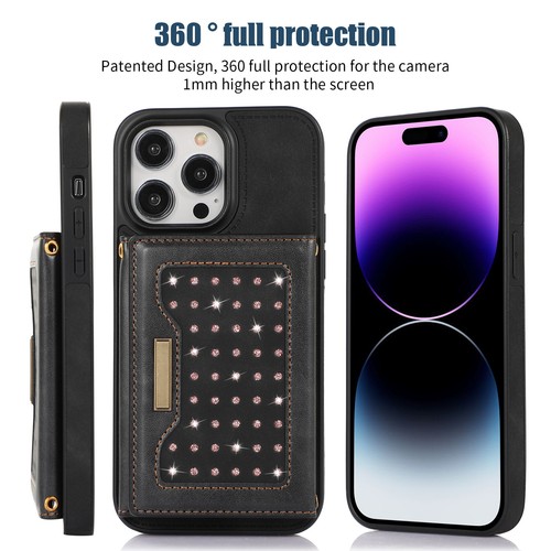 For iPhone 15 Pro Max 14 12 11 XR 8 Diamond Leather Wallet Lanyard Cover Case - Picture 17 of 72