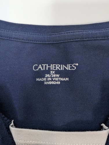 Catherines 3X 26W 28W Plus Navy Blue Crochet Trim Split Neck SS Shirt Blouse Top - Picture 8 of 12