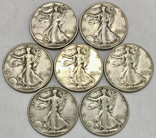 Lot of 7 1929-D Walking Liberty Half Dollars VF-XF Details