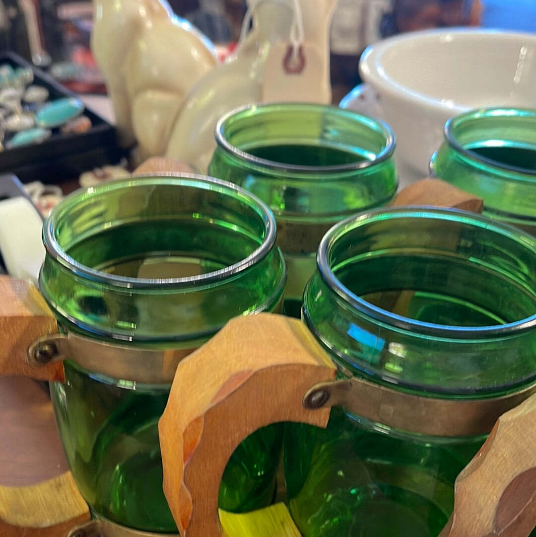 Vintage MCM BOHO Barware Set of 6 Green Mugs W/ Wood Handles Vintage MCM BOHO Barware Set of 6 Green Mugs W/ Wood Handles
