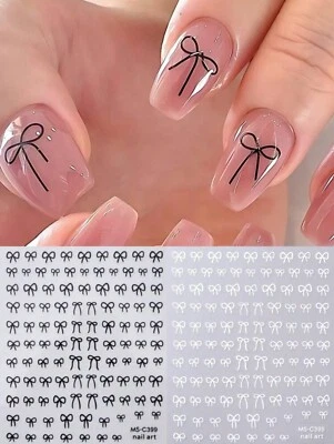 Minimalist Bow Nail Art Stickers Decal Black White Blue Pink Ribbon Gel Nails