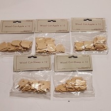 NOS Lot Of 60 Unfinished Wood Cutout Shapes Craft Sheep Apple School Animals