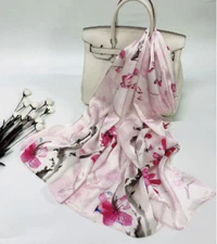 100% Satin Silk Scarf Women neckerchief Shawl Wrap Floral gray red pink cx6-19