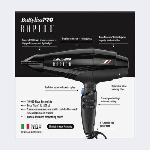 BaBylissPRO Italian Rapido Hair Dryer 2000 wattsBRAP1 - Black- New - Picture 3 of 3