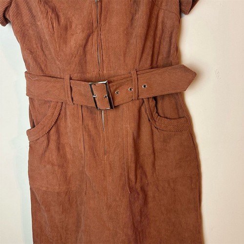 Women's Brown Corduroy Mini Dress Western Style Short Sleeve Belted Pockets S - Picture 3 of 10