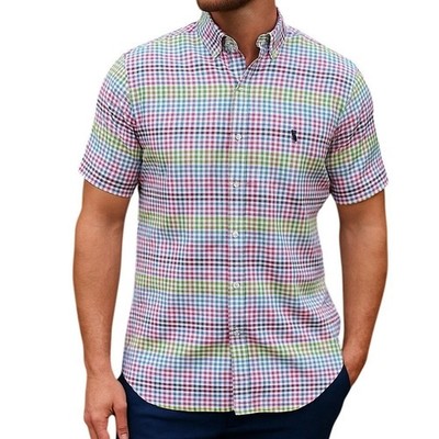 Tailorbyrd Mens Short Sleeve Gingham Button Down Shirt Multi Color Flamingo S