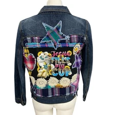Upcycled Denim Jacket Womens Large Christian Coffee Grunge Patchwork Folk Art
