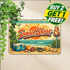 Beach House Ocean Surfing Board Coastal Holiday Metal Tin Sign 8x12
