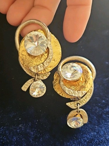 J Jansen Brutalist 24K Gold & Silv Plated Austrian Crystal Statemt Earrings #12 - Picture 2 of 6